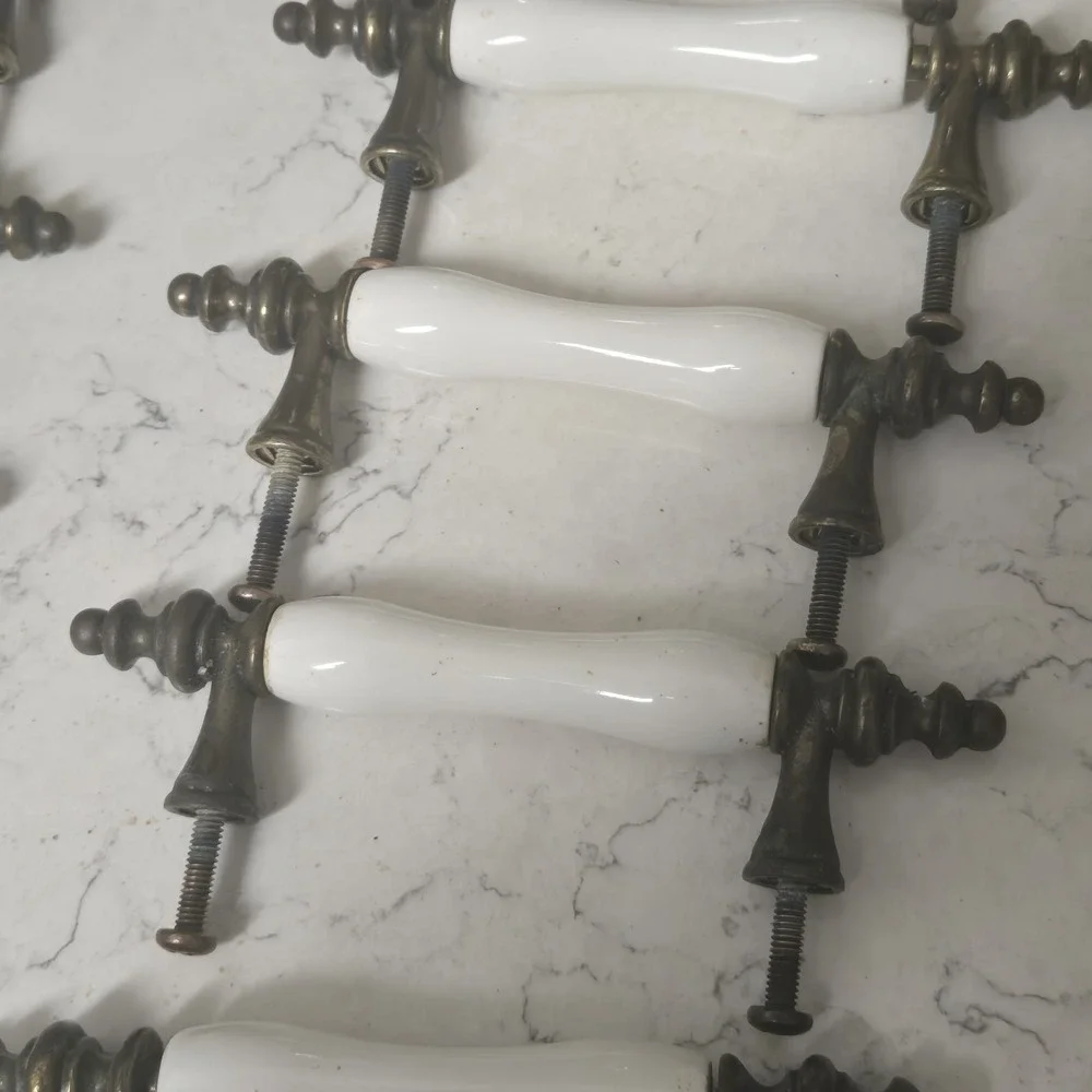 21 Antique White Porcelain & Brass Drawer Pull Cabinet Handles Heavy Patina READ